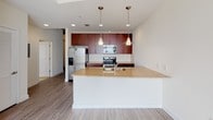 Located in the heart of Charlotte, NC, this high-rise unit at 355 W Martin Luther King Blvd offers a contemporary urban living experience with striking architectural details and impressive city views. The open-concept layout is anchored by a well-appointed kitchen featuring rich dark wood cabinetry, granite countertops, stainless steel appliances including a refrigerator with ice maker, electric range, and built-in microwave. A large island with a double-basin sink and pendant lighting above serves as both a functional workspace and a visual centerpiece, complemented by light wood-style flooring throughout the main living areas. The living spaces are defined by exposed concrete ceilings that lend an industrial-modern character, while floor-to-ceiling sliding glass doors flood the rooms with natural light and open to a private balcony overlooking the Charlotte skyline. The bedroom features plush carpeting and expansive windows framing dramatic views of the surrounding towers. The bathroom is finished with large-format tile in the shower-tub combination, complete with a built-in niche and bench, paired with neutral tones for a clean, refined aesthetic. This thoughtfully designed unit captures the energy of downtown Charlotte while offering a refined and comfortable interior.