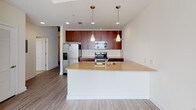 Located in the heart of Charlotte, NC, this high-rise unit at 355 W Martin Luther King Blvd offers a contemporary urban living experience with striking architectural details and impressive city views. The open-concept layout is anchored by a well-appointed kitchen featuring rich dark wood cabinetry, granite countertops, stainless steel appliances including a refrigerator with ice maker, electric range, and built-in microwave. A large island with a double-basin sink and pendant lighting above serves as both a functional workspace and a visual centerpiece, complemented by light wood-style flooring throughout the main living areas. The living spaces are defined by exposed concrete ceilings that lend an industrial-modern character, while floor-to-ceiling sliding glass doors flood the rooms with natural light and open to a private balcony overlooking the Charlotte skyline. The bedroom features plush carpeting and expansive windows framing dramatic views of the surrounding towers. The bathroom is finished with large-format tile in the shower-tub combination, complete with a built-in niche and bench, paired with neutral tones for a clean, refined aesthetic. This thoughtfully designed unit captures the energy of downtown Charlotte while offering a refined and comfortable interior.