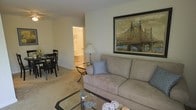 This single-floor space offers a comfortable and cohesive layout designed for easy living. The living room serves as the central gathering area, featuring plush wall-to-wall carpeting in a neutral tone that adds warmth underfoot. A beige sofa anchors the seating area, accented by decorative blue throw pillows, and is complemented by a glass-topped coffee table and a sleek side table with a classic table lamp. A large framed artwork depicting a bridge scene adds a sophisticated focal point to the main wall.

The living space flows naturally into a dining area, where a dark-stained dining table and matching chairs provide a defined space for meals. The open sightlines between the two areas create a sense of spaciousness throughout. Just beyond the living area, a doorway leads to a bathroom, which is visible and features light-toned fixtures. The neutral color palette of soft whites and warm beiges throughout the space creates a calm, inviting ambiance. Carpeted flooring is consistent across the living and dining areas, tying the rooms together cohesively.
