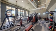 This single-floor fitness center is designed to support a full range of workout routines in a spacious, well-organized environment. The facility features soaring ceilings with elegant coffered detailing, recessed lighting, and multiple ceiling fans that maintain comfortable airflow throughout the space. Large floor-to-ceiling windows along the perimeter flood the room with natural light and provide open views of the surrounding outdoor area, including what appears to be a pool and landscaped grounds.

The strength training section is extensively equipped with a wide array of cable and selectorized machines featuring dark frames and burgundy upholstered seats and pads. Dedicated stations for chest, back, shoulders, legs, and arms are well-distributed across the floor. The cardio zone lines the windowed wall and includes multiple treadmills, elliptical trainers, and upright bikes, allowing users to exercise with scenic outdoor views.

Full-length mirrors are mounted along one wall, enhancing the sense of space and supporting proper form during workouts. The flooring consists of a durable, checkered commercial carpet tile in neutral gray tones, adding a clean, professional aesthetic. A wall-mounted television is positioned for easy viewing during exercise. French doors provide access to adjacent areas. The overall ambiance is bright, modern, and well-maintained, making it a functional and inviting fitness facility.