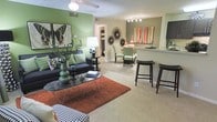 This single-floor residence showcases an open-concept floor plan that connects the living, dining, and kitchen areas into one cohesive, flowing space. The living room is anchored by a dark sofa accented with vibrant throw pillows, positioned atop a rich terracotta-toned shag rug that adds warmth and texture to the neutral carpeted flooring. A bold green accent wall serves as a striking backdrop, complemented by framed botanical artwork and a ceiling fan with integrated lighting overhead.

Transitioning seamlessly from the living area, a dining nook features green-striped chairs gathered around a compact table, while decorative sunburst wall accents and colorful abstract artwork enliven the adjacent taupe-toned wall. A white breakfast bar with dark bar stools provides additional seating and naturally delineates the kitchen from the social spaces. Track lighting illuminates this area, highlighting the eclectic yet cohesive décor. The overall ambiance is modern and vibrant, with a thoughtful mix of bold color, layered textures, and curated accessories that give the space a lively, well-designed character.