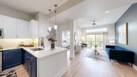 Located at 2900 Junius St in Dallas, TX, this well-appointed 2-bedroom, 3-bathroom residence offers a thoughtfully designed single-floor layout. The living room makes a striking first impression with soaring ceilings, clerestory windows, a ceiling fan, and a sliding glass door that invites natural light and outdoor views. A bold accent wall in deep blue anchors the space with a contemporary flair.

The kitchen is a standout feature, showcasing two-tone cabinetry with white upper cabinets and navy blue lower cabinets, white quartz countertops, stainless steel appliances, a peninsula with pendant lighting, and light hardwood flooring that flows throughout the unit.

Both bedrooms are comfortably sized and filled with natural light from large windows with wooded views. The primary bedroom includes access to a well-organized walk-in closet with wire shelving systems. The en-suite bathroom features a bold navy vanity with white quartz countertops and a tiled shower surround.

Additional bathrooms maintain a clean, modern aesthetic with white cabinetry and quality fixtures. Two closets throughout the space offer generous storage. The consistent use of light hardwood flooring, neutral walls, and modern hardware ties the entire residence together with a cohesive, polished look.