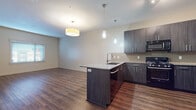 This well-appointed single-floor residence offers a cohesive modern design throughout its open and functional layout. The kitchen serves as a centerpiece of the living space, featuring dark wood-grain cabinetry with sleek bar-pull hardware, stone-look countertops, a tile backsplash, and a full suite of black appliances including a gas range, over-the-range microwave, and a French door refrigerator. A peninsula island with an integrated sink and pendant lighting above extends the kitchen into the open living area, creating a seamless flow ideal for entertaining. The living area is bright and open, illuminated by a prominent drum pendant light fixture and warmed by rich hardwood-style flooring that runs consistently throughout the unit. The bedroom offers a quiet retreat with a large window fitted with blinds, allowing for natural light while maintaining privacy. The bathroom is finished with a dark wood vanity, white countertop, framed mirror, and matching hardwood-style flooring, maintaining a consistent aesthetic. Additional highlights include a spacious walk-in closet with wire shelving and a dedicated in-unit laundry area housing a stacked washer and dryer. The overall ambiance is clean, contemporary, and move-in ready.