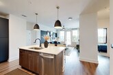 Located at 4720 Nations Crossing Rd in Charlotte, NC, this well-designed 2-bedroom, 3-bathroom residence offers a thoughtfully planned single-floor layout with modern finishes throughout. The open-concept kitchen and living area serves as the heart of the home, featuring a central island with a waterfall quartz countertop, a deep stainless steel sink, and a stainless steel dishwasher. Striking dark pendant lights with brass accents hang above the island, complementing the rich wood-toned cabinetry. The kitchen is further outfitted with slate-grey upper and lower cabinets, gold hardware, a subway tile backsplash, and stainless steel appliances including a microwave and range. Wide-plank wood-style flooring flows seamlessly into the living room, where large windows invite abundant natural light. A bold dark accent wall anchors the living space, creating a stylish backdrop. The generously sized primary bedroom features a walk-in closet, plush carpeting, and a calming blue accent wall, while the second bedroom offers natural light through large windows. The bathrooms are elegantly finished, with one featuring a glass-enclosed walk-in shower with light grey subway tile and matte black fixtures, and another offering a full tub-shower combination with a sleek dark vanity and gold hardware.