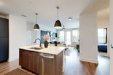 Located at 4720 Nations Crossing Rd in Charlotte, NC, this well-designed 2-bedroom, 3-bathroom residence offers a thoughtfully planned single-floor layout with modern finishes throughout. The open-concept kitchen and living area serves as the heart of the home, featuring a central island with a waterfall quartz countertop, a deep stainless steel sink, and a stainless steel dishwasher. Striking dark pendant lights with brass accents hang above the island, complementing the rich wood-toned cabinetry. The kitchen is further outfitted with slate-grey upper and lower cabinets, gold hardware, a subway tile backsplash, and stainless steel appliances including a microwave and range. Wide-plank wood-style flooring flows seamlessly into the living room, where large windows invite abundant natural light. A bold dark accent wall anchors the living space, creating a stylish backdrop. The generously sized primary bedroom features a walk-in closet, plush carpeting, and a calming blue accent wall, while the second bedroom offers natural light through large windows. The bathrooms are elegantly finished, with one featuring a glass-enclosed walk-in shower with light grey subway tile and matte black fixtures, and another offering a full tub-shower combination with a sleek dark vanity and gold hardware.
