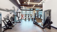 This contemporary fitness center is thoughtfully designed to support a full range of workout routines within a single, dynamic space. The main cardio area is anchored by floor-to-ceiling windows that flood the room with natural light and offer open views of the surrounding urban streetscape. Linear LED lighting is suspended from an exposed ceiling, lending an industrial-modern aesthetic throughout. The space is outfitted with a comprehensive selection of Freemotion and StairMaster cardio equipment, including ellipticals, stationary bikes, stair climbers, and treadmills, all positioned to maximize natural light exposure. Bold black-and-white athletic murals depicting boxing scenes energize the strength training zone, which features a variety of cable machines, weight benches, and functional training rigs. A secondary area with vibrant blue accent walls houses additional Freemotion cable cross machines, a leg press, and a built-in water station with a hydration fountain. Sliding barn-style doors open into a private studio room equipped with a wall-mounted TV, medicine balls, resistance bands, and a workout bench — ideal for personal training or group fitness sessions. Durable tile and rubberized flooring throughout ensures safety and practicality across all zones.