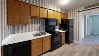 Located at 250 Elm St in Clemson, SC, this one-bedroom, one-bathroom unit offers a practical and comfortable single-floor layout. Wood-look laminate flooring flows throughout the main living areas and bedroom, complemented by neutral gray walls and textured ceilings that lend a clean, cohesive look to the space.

The kitchen is well-equipped for everyday cooking, featuring warm oak cabinetry — both upper and lower — providing ample storage. Black appliances include an electric range, over-the-range microwave, refrigerator, and dishwasher. A double-basin stainless steel sink and white countertops add functionality, while striped floral wallpaper gives the kitchen a distinctive character.

The bedroom is a generously sized retreat finished with the same wood-look flooring and soft gray walls. A window allows natural light to fill the room, and two closets — including a double-door closet with built-in shelving and hanging rods — offer excellent storage capacity.

The bathroom is straightforward and functional, featuring tile flooring, a wood-toned vanity with a white countertop, a toilet, and a full tub-shower combination with a curtain rod. A textured ceiling carries throughout the unit, maintaining a consistent aesthetic. This unit is a practical choice for those seeking efficient, well-organized living in Clemson.