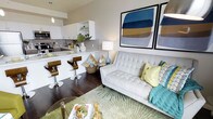 This single-floor space showcases a thoughtfully designed open-concept layout that seamlessly integrates the living and kitchen areas into one cohesive, functional environment. The living area is anchored by a tufted light grey sofa adorned with colorful accent pillows in teal, yellow, and patterned tones, set atop a textured green area rug. A glass coffee table adds a sleek, modern touch, while a pair of large abstract framed artworks — featuring bold blues, golds, and grays — serve as a striking focal point on the wall above the sofa. Dark hardwood-style flooring runs throughout, providing a rich contrast to the bright, neutral walls and cabinetry. The kitchen flows directly from the living space and features crisp white cabinetry with open shelving accented by greenery and decorative objects, a gray tile backsplash, stainless steel appliances, and a white countertop breakfast bar with stylish curved wood bar stools. Pendant lighting and recessed ceiling fixtures provide warm, layered illumination throughout. The overall ambiance is modern, vibrant, and welcoming, with a carefully curated color palette of aqua, yellow, and warm neutrals that lends a fresh, contemporary energy to every corner of the space.
