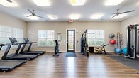 Located at 100 Spade Leaf Blvd in Hendersonville, TN, this well-appointed fitness center offers a comprehensive exercise environment across a single open floor. The space features warm wood-style flooring throughout, bright flush-mount ceiling light panels, and multiple ceiling fans that contribute to a comfortable workout atmosphere. Large windows with blinds line the walls, inviting natural light and providing views of the surrounding outdoor greenery.

The room is thoughtfully organized into distinct workout zones. The cardio area is equipped with multiple treadmills, an elliptical, a stair climber, and a stationary bike, all positioned near the windows for a pleasant exercise experience. A dedicated strength training section houses a range of HOIST cable and selectorized machines, along with a multi-function rack. The free weights area features a full dumbbell rack, medicine ball storage, a flat bench, and additional accessories to support a variety of training routines.

A bold teal accent wall adds a vibrant design element, contrasting the neutral tones of the surrounding walls and creating visual interest throughout the space. A glass door provides direct outdoor access, further enhancing the airy feel. This fitness center is well-suited for a wide range of exercise needs, from cardio conditioning to strength and functional training.