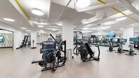 This expansive fitness center is thoughtfully designed to accommodate a full range of workout disciplines within a single, open-plan floor. The space is organized into distinct functional zones, each offering a comprehensive selection of professional-grade equipment. The cardio area features a generous row of treadmills, stationary bikes, and elliptical machines, each equipped with individual screens for an engaging workout experience. A large wall-mounted display anchors the zone, providing additional entertainment options.

The strength training area is equally well-appointed, offering a variety of cable machines, multi-functional rigs, weight racks, and benches from Matrix and other leading brands. A dedicated functional fitness zone incorporates medicine balls, stability balls, resistance bands, and a BOSU trainer, all neatly organized on a rack set against a striking botanical-patterned accent wall.

Throughout the facility, light hardwood-style flooring, floor-to-ceiling mirrors, and abundant round pendant lighting create a bright, clean, and motivating atmosphere. The high ceilings with exposed ductwork lend an industrial-modern aesthetic, while the white structural columns and crisp white walls keep the environment open and airy. A seating area near the entrance provides a welcoming transition into and out of the fitness space.