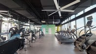 This modern fitness center offers a comprehensive workout environment designed to accommodate a wide range of exercise preferences. The space is defined by its industrial-chic aesthetic, featuring exposed black ceilings with visible ductwork, large ceiling fans, and pendant lighting that contribute to an energetic yet functional atmosphere. Durable rubber flooring runs throughout, providing a safe and practical surface across all workout zones.

The strength training area is extensively equipped with power racks, cable machines, adjustable benches, and a full rack of dumbbells spanning a broad weight range, all positioned alongside floor-to-ceiling mirrored walls that enhance the sense of openness. The cardio zone features a well-stocked lineup of treadmills, stationary bikes, rowing machines, and ellipticals. Treadmills and bikes are positioned directly facing expansive floor-to-ceiling glass windows, offering panoramic city and outdoor views that make for an engaging workout experience.

Vibrant teal and yellow accent walls add a dynamic visual energy to select areas of the facility. Functional training equipment, including TRX suspension systems and climbing apparatuses, is also available. The gym opens directly onto an outdoor terrace featuring a swimming pool, lounge seating with shade canopies, a turf sled track, and a large outdoor screen, seamlessly blending indoor and outdoor fitness amenities.