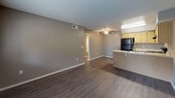 This single-floor unit offers a practical and cohesive layout designed for comfortable everyday living. The living area serves as the heart of the space, featuring dark hardwood-style flooring, neutral gray walls, and a textured ceiling. A ceiling fan provides overhead airflow, while a window with blinds allows natural light to filter in, offering views of the surrounding exterior.

The kitchen is open to the living area and centers around a peninsula with a double-basin sink and light-toned laminate countertops. Light wood cabinetry provides ample storage above and below, complemented by black appliances including a refrigerator and electric range with an overhead exhaust hood.

The bathroom is efficiently arranged, featuring a wood-toned vanity with a single sink, a large mirror framed by a lighted fixture, and a separate water closet. A thermostat is conveniently positioned nearby in the hallway.

The bedroom offers carpeted flooring, neutral walls, and a window with exterior views. An additional storage space houses the water heater alongside built-in shelving, providing practical utility storage. White baseboards and consistent finishes tie the entire unit together cohesively.