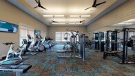 This fitness center in Gonzales, Louisiana, offers a comprehensive single-floor workout environment designed to accommodate a wide range of exercise routines. The space features a tray ceiling with ceiling fans and flush-mounted lighting panels, contributing to an open and well-ventilated atmosphere. Large windows fitted with roller shades allow ample natural light to filter in while providing views of the surrounding outdoor greenery.

The cardio area is equipped with multiple treadmills, elliptical machines, and a stair climber, each featuring individual display monitors. A wall-mounted flat-screen television is positioned for easy viewing during workouts. The strength training section includes a selection of Precor cable and weight machines, along with a dedicated free weights area stocked with a full rack of dumbbells, kettlebells, medicine balls, and a stability ball for functional training.

Full-length mirrors line portions of the walls, enhancing the sense of space and allowing users to monitor their form. A separate nook offers a rowing machine and built-in shelving with cabinetry, providing practical storage. The distinctive multi-toned teal and earth-tone carpet tiles add visual interest throughout and help define the different workout zones within the space.