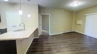 This single-floor space features an open-concept design that seamlessly connects the kitchen and living areas. The kitchen is equipped with a sink, a light-toned stone countertop, and pendant lighting that adds a modern touch overhead. Dark hardwood-style flooring runs throughout the main living area, providing a warm contrast to the neutral, light beige walls.

The living space is generously sized, offering an open and airy feel with a baseboard heating unit running along the far wall. A doorway leads to an additional room, which appears to be carpeted, adding a softer texture to the more private area of the unit. The layout promotes a natural flow between spaces, making it functional and easy to navigate.

Overall, the space maintains a clean, neutral aesthetic with practical finishes throughout. The combination of pendant lighting and overhead fixtures ensures adequate illumination, while the open floor plan maximizes the sense of space, making it feel bright and welcoming.
