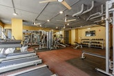 This fitness center offers a comprehensive workout environment spread across a single open floor. The space features an industrial aesthetic, with exposed concrete ceilings, visible ductwork, and ceiling fans that contribute to both the utilitarian design and air circulation throughout the room. Recessed and track lighting ensures the space is well-lit, complementing the natural light that filters in through large windows along multiple walls, offering views of the surrounding urban environment.

The flooring consists of durable, patterned carpet tiles in deep red and brown tones, with rubber mats placed strategically beneath strength training equipment for added protection and stability. The warm yellow-toned walls provide contrast against the raw ceiling overhead.

Equipment is thoughtfully arranged throughout the space. A row of TRUE-brand treadmills lines one side, accompanied by elliptical trainers and stationary bikes for cardio workouts. The strength training area includes a multi-station cable machine, a squat rack with a bench press, and a full dumbbell rack. Mirrors are mounted along one wall, enhancing the sense of spaciousness. A small reception or check-in area with storage cubbies is also present near the entrance.