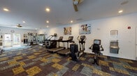 The fitness center at 2000 Alexan Dr in Cary, NC is a well-appointed, single-floor facility designed to support a comprehensive workout experience. The space is divided into distinct functional zones, seamlessly flowing from cardio to strength training areas. The cardio section is equipped with multiple treadmills, elliptical machines, and a stationary bike, each featuring integrated digital displays. Ceiling fans provide comfortable air circulation throughout the room, complementing the recessed lighting overhead. The strength training area offers a wide selection of selectorized resistance machines, a multi-function cable system, and a full dumbbell rack with an accompanying weight bench. Large mirrors line portions of the walls, enhancing the sense of space and allowing users to monitor their form. A dedicated free-weight and functional fitness corner includes stability balls and additional accessories. Motivational large-format artwork with active lifestyle themes adorns the walls, set against a bold olive green accent wall that energizes the environment. The floor is covered in a vibrant, multi-toned patterned carpet tile, adding a dynamic visual element. A water fountain station and a wall-mounted flat-screen television further enhance usability and comfort. Natural light filters in through windows, contributing to an open and inviting atmosphere.