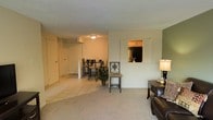 This single-floor space offers an open-concept layout that seamlessly connects the living area, dining space, and kitchen. The living room is finished with wall-to-wall carpet, providing a comfortable and warm feel, while the dining area transitions to light-colored tile flooring, creating a natural visual distinction between the two zones. A dark leather sofa and a lamp-topped side table anchor the living space, lending a functional and understated character to the room.

The dining area accommodates a compact table and chair set, complemented by a decorative plant that adds a touch of greenery. A notable architectural feature is the pass-through window with louvered shutters connecting the dining area to the kitchen, allowing visual continuity and convenient access between the two spaces. Through the pass-through, wood-toned cabinetry and a dark refrigerator are visible, offering a glimpse into the kitchen's layout.

The walls are finished in neutral tones, with one accent wall painted in a muted sage green, adding subtle warmth to the overall palette. Flush-mount ceiling lighting provides consistent illumination throughout, and interior doors lead to additional areas of the unit. The space maintains a practical, well-organized ambiance throughout.