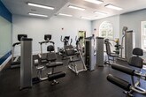 This fitness center is a thoughtfully designed, single-level space that provides a comprehensive workout environment within a compact but efficiently organized footprint. The interior is finished with crisp white walls and light grey tones, punctuated by a bold cobalt blue accent wall that adds visual energy to the space. Recessed rectangular ceiling fixtures provide consistent, bright overhead lighting throughout, complementing the natural light that enters through several large windows, including a distinctive arched window that serves as an architectural focal point.

The flooring throughout is durable rubber, ideal for high-traffic gym use, providing both safety and sound absorption. The equipment layout is well-planned, with cardio machines—including True-brand ellipticals and stationary bikes—arranged in rows along one side of the room. Strength and resistance machines, including cable systems and various selectorized units, are distributed throughout the remaining floor space, offering a well-rounded selection for full-body training.

A full-length mirror spanning one wall reflects the space, creating a sense of openness while allowing users to monitor their form. A wall-mounted television and posted fitness center rules on the blue accent wall add practical amenities. The overall ambiance is clean, modern, and functional.