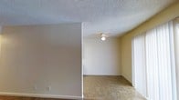 This single-floor residence features two bedrooms and one bathroom, thoughtfully laid out to maximize functionality and comfort. The living area is a standout feature, showcasing neutral-toned walls that create a clean, versatile backdrop suitable for a variety of interior styles. A ceiling fan with integrated lighting provides both air circulation and ambient illumination, contributing to the room's everyday practicality. The textured popcorn ceiling adds a classic residential character throughout the space. Durable tile-style flooring runs through the main living area, offering easy maintenance and a timeless aesthetic. Vertical blinds on a large window or sliding door allow for adjustable natural light and privacy, while also hinting at potential outdoor access. The overall layout is open and well-proportioned, making efficient use of the available square footage. Clean white baseboards provide a crisp contrast to the warm wall tones, tying the interior together with a polished finish. This residence is a solid, move-in-ready option that balances simplicity with practicality across its single-floor footprint.