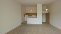 This single-floor space features a spacious living area designed with simplicity and functionality in mind. The room is finished with wall-to-wall plush carpeting in a neutral beige tone, providing a warm and comfortable foundation underfoot. The walls are painted in a crisp, light white, contributing to the overall bright and airy atmosphere of the space.

A prominent set of sliding glass doors serves as a focal point along one wall, allowing an abundance of natural light to flood the interior. Vertical blinds offer privacy and light control while maintaining a clean, uncluttered aesthetic. The doors provide direct access to an outdoor area, offering views of the surrounding exterior.

The ceiling features a textured finish and is outfitted with standard HVAC vents, ensuring climate control throughout the space. A door on the adjacent wall leads to another area of the unit, suggesting a functional and straightforward layout. The overall design is understated and versatile, providing a neutral canvas well-suited to a variety of interior styles and furnishing arrangements.