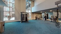 This fitness center is designed to provide a bright, open, and motivating environment for exercise. The space is immediately distinguished by its dramatic double-height ceilings and expansive floor-to-ceiling windows that flood the interior with an abundance of natural light, offering views of the surrounding outdoor courtyard and adjacent building. The lush teal patterned carpet tiles throughout add a distinctive, modern aesthetic that sets the tone for the entire space.

The main workout area is generously proportioned, accommodating a selection of strength-training and cable machines positioned thoughtfully throughout the floor. A full-length wall mirror runs along one side of the room, amplifying the sense of space and allowing users to monitor their form during exercise. Suspension training straps are also available, adding versatility to the fitness offerings.

A staircase with a clean white balustrade and polished metal handrail is located at one end of the space, providing access to adjacent levels of the building. A posted fitness policies sign near the stairway entrance ensures users are informed of the facility's guidelines. Recessed ceiling lighting complements the natural light provided by the large windows, ensuring the space remains well-lit at all hours. Overall, this fitness center combines architectural elegance with practical functionality.