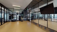 This contemporary fitness facility is thoughtfully designed to support a wide range of workout styles, divided into two distinct zones connected by glass-paneled, black steel-framed partitions that lend the space a sleek, industrial-modern aesthetic. The functional training studio occupies a generously sized open floor area finished with durable, cushioned rubber flooring in a warm tan tone, ideal for dynamic movement and bodyweight exercises. This area is equipped with TRX suspension trainers, battle ropes, medicine balls, plyo boxes, and resistance training accessories, making it well-suited for functional and high-intensity workouts. Full-length mirrors line one wall, amplifying the sense of space and allowing for form checks during training. A wall-mounted flat-screen TV adds a multimedia element to the studio. Dark wood paneling on select walls and a matching wood ceiling treatment create a rich, grounded contrast against the bright white walls and clean-lined architecture. Floor-to-ceiling windows along the perimeter flood the space with abundant natural light and offer views of the surrounding outdoor landscape. The adjacent weight room, visible through the glass partitions, is outfitted with cardio machines, free weights, benches, and cable equipment. Linear LED lighting throughout ensures consistent, well-distributed illumination across both zones.