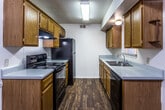 This renovated single-story home in Forrest City, Arkansas offers a practical and comfortable layout across two bedrooms and two full bathrooms. Rich wood-look flooring runs consistently throughout the living areas and bedrooms, lending a cohesive, updated feel to the entire space. The open living and dining area is bright and welcoming, highlighted by a ceiling fan with light fixture and a pass-through window that connects to the kitchen, allowing for easy communication between the spaces. The galley-style kitchen is well-appointed with warm honey-toned wooden cabinetry, light countertops, a double-basin sink, and black appliances including an electric range and refrigerator, providing ample storage and counter space. Both bedrooms are comfortably sized, each featuring ceiling fans, wood-look flooring, and windows that bring in natural light and views of the surrounding greenery. Closet space is included in the bedrooms for added convenience. The bathrooms are clean and functional, with one featuring a full tub-shower combo with chrome fixtures. The home's neutral color palette and updated finishes throughout create a move-in-ready environment that is both practical and inviting.