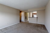 Located at 918 Fontana Ave in Platte City, Missouri, this single-story unit offers a practical and straightforward layout designed for comfortable everyday living. The living area is generously proportioned, featuring neutral beige walls, wall-to-wall carpeting, and a textured ceiling. A half-wall pass-through connects the living space to the kitchen, creating an open, communicative feel between the two areas.

The kitchen is well-equipped, featuring dark espresso-toned cabinetry that extends to the upper and lower walls, dark laminate countertops, and wood-look flooring. A window above the sink brings in natural light, and white appliances—including a refrigerator, dishwasher, and electric range—are included.

The bedroom is a comfortable size with soft carpeting, neutral walls, and a large sliding glass door fitted with vertical blinds, allowing ample natural light and an outdoor view. An additional carpeted room features a standard window with blinds, providing further flexibility.

The bathroom includes a tub and shower combination with a white curtain, tile surround, a vanity with countertop sink, and a mirrored medicine cabinet for storage. The overall ambiance of the unit is clean and functional, with a consistent neutral palette throughout.