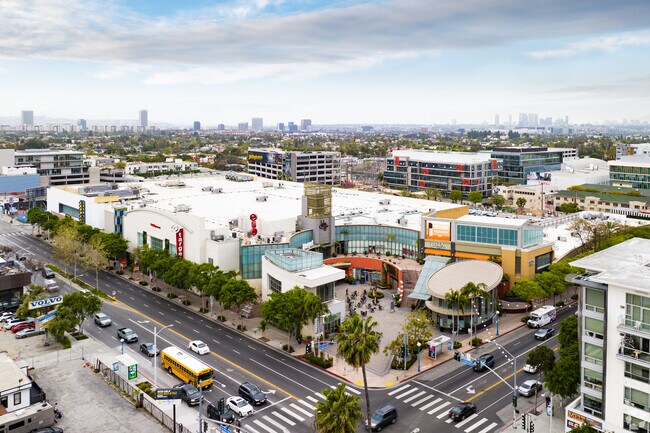 An aerial view of a retail center in Mid-Wilshire.
