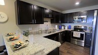 This single-story home presents an open-concept floor plan that seamlessly connects the kitchen and living areas, creating a spacious and functional environment. The kitchen is a standout feature, showcasing dark espresso cabinetry with sleek silver hardware that contrasts elegantly against light speckled granite countertops. A deep undermount sink, stainless steel appliances including a range and built-in microwave, and wood-look tile flooring complete the kitchen's polished aesthetic. A breakfast bar with bar stool seating extends the counter space and serves as a natural transition into the living area.

The living room is characterized by vaulted ceilings that enhance the sense of openness and volume within the space. Multiple windows allow natural light to filter in, brightening the neutral-toned carpet flooring. The room offers generous space for comfortable seating arrangements and flows effortlessly into the kitchen and dining area, making it well-suited for both everyday living and entertaining. The open sightlines between rooms reinforce the home's cohesive, connected layout throughout.