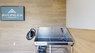 Located at 640 Lakeside Dr in Canton, GA, this purpose-built Pet Spa is a clean, well-appointed grooming facility designed with both functionality and aesthetics in mind. The single-room space features a bright, modern interior defined by light-toned large-format tile flooring and warm wood-look tile wainscoting that wraps the walls, creating a cohesive and welcoming atmosphere.

At the heart of the room sits a stainless steel professional grooming and bathing station equipped with a wall-mounted pet dryer, providing everything needed for a thorough grooming session. A wall-mounted mini-split HVAC unit ensures year-round climate comfort for both pets and their owners. The space is finished with recessed and flush ceiling lighting, a security camera, and a fire safety system.

Natural light streams in through generously sized windows, illuminating the "Pet Spa" paw print floor graphics that add a playful, branded touch. A posted Pet Spa Rules sign keeps the space orderly and informative. Access is provided through a sleek black-framed glass door, and an exit sign and fire extinguisher underscore the space's attention to safety. The overall ambiance is clean, bright, and professional — a thoughtfully designed amenity for pet owners at the Avonlea community.