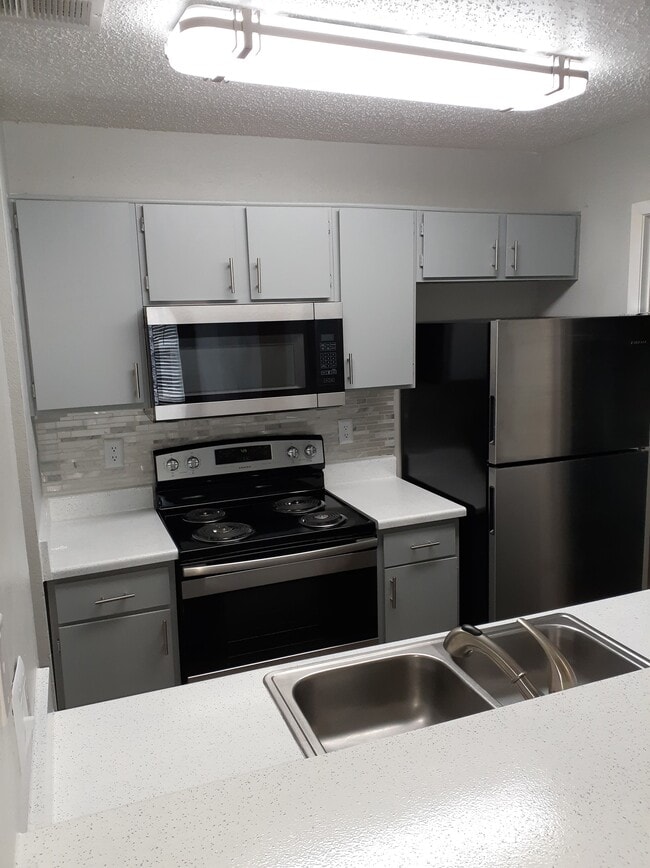 Chef Kitchen with Stainless & Black Appliances, Dual Sink with Removable Spray Nozzle and Glass Back Splash - City Pines Apartment Homes