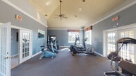This fitness center is a thoughtfully designed, single-floor facility that offers a well-rounded workout environment. The main exercise area is characterized by a striking vaulted ceiling with a textured finish, fitted with a ceiling fan that promotes air circulation throughout the space. Crown molding and white baseboards provide polished architectural detail against the cool blue-grey walls, lending the space a clean, professional aesthetic.

The facility is generously equipped with a variety of cardio machines, including stationary bikes, elliptical trainers, and treadmills, all arranged to take full advantage of the room's open layout. Large windows fitted with warm-toned valances allow natural light to filter in, while a wall-mounted mirror enhances the sense of depth. French doors provide additional access and light.

A dedicated strength training area houses multiple selectorized weight machines, offering users targeted muscle group workouts. A separate alcove contains a utility counter, functioning as a small service station within the facility. Durable carpeted flooring covers the workout areas throughout, and recessed lighting supplements natural light where needed. The overall ambiance is functional yet refined, making it a comfortable space for regular fitness use.