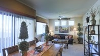 This single-story space showcases an open-plan layout that seamlessly connects the dining and living areas, creating a cohesive and welcoming environment. The dining area features a solid wood table paired with classic wooden chairs, set atop a richly patterned area rug that adds warmth and texture to the space. Decorative elements, including potted topiary trees and sculptural accents, add a refined, nature-inspired character throughout.

The living area is anchored by a dark leather sofa and loveseat arrangement, complemented by a wooden coffee table and coordinating area rug. Warm-toned throw pillows introduce color and comfort to the seating arrangement. A ceiling fan with a light fixture is centrally positioned overhead, contributing to both air circulation and ambient lighting.

Natural light fills the space through multiple windows fitted with vertical blinds and fabric valances, offering both light control and style. Landscape artwork and framed prints adorn the walls, enhancing the inviting atmosphere. Tall floor lamps provide additional warm lighting, while the neutral carpet in the living area offers a soft contrast to the wood tones found throughout the dining space.