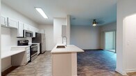 Located in Land O' Lakes, Florida, this single-story residence offers a clean, modern interior designed for comfortable everyday living. The open-concept layout connects the kitchen and living areas seamlessly, creating a bright and cohesive flow throughout the space. Wood-look flooring runs consistently across the entire home, adding warmth and visual continuity.

The kitchen is well-appointed with white shaker-style cabinetry, light countertops, and a full suite of stainless steel appliances including a range, microwave, refrigerator, and dishwasher. A center island with an undermount sink provides additional workspace and serves as a natural gathering point. Recessed and flush-mount lighting keeps the kitchen well-lit.

The living area is generously proportioned, with neutral-toned walls and a ceiling fan overhead. Large windows fitted with blinds allow ample natural light to filter in while maintaining privacy. Bedrooms feature the same wood-look flooring and are served by walk-in closet space. The bathroom includes a white vanity with a solid-surface countertop, a soaking tub, and a consistent wood-look tile floor. Throughout, the home presents a fresh, move-in-ready aesthetic with a neutral palette and modern finishes.