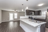 This single-floor residence is designed with a practical, open-concept layout that connects the kitchen and living areas seamlessly. The kitchen is a standout feature, equipped with dark espresso-toned cabinetry offering ample storage, light granite countertops, and a full suite of stainless steel appliances including a gas range, over-the-range microwave, and refrigerator. A peninsula with a double stainless steel sink and pendant lighting above adds both functionality and visual appeal, creating a natural divide between the kitchen and the adjoining living space.

The living area is bright and open, featuring wood-look laminate flooring that extends throughout most of the unit, a ceiling fan, and a glass-paneled door that allows natural light to fill the space. A dedicated bedroom offers plush carpeting, a ceiling fan, and a large window with outdoor views of a green landscape. The bathroom is clean and straightforward, finished with the same wood-look flooring and a bright window for natural ventilation. A hallway connects the private areas of the unit to the main living space, reinforcing the efficient and well-organized floor plan. The overall aesthetic is modern and neutral, with a consistent color palette throughout.