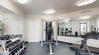 This fitness center is a thoughtfully designed workout space that maximizes its compact footprint to deliver a comprehensive range of exercise options. The room features durable, speckled rubber flooring suited for high-traffic use, white walls, and a textured ceiling equipped with flush-mounted, circular light fixtures that provide bright, even illumination throughout.

Strength training is well represented with a Hoist multi-functional cable machine and a full rack of dumbbells paired with an adjustable bench, catering to a wide spectrum of resistance exercises. For cardio, the space includes an Echelon rowing machine, a treadmill, a cycling bike, and an additional stationary bike — each equipped with interactive display screens for guided workout sessions. A medicine ball rack along one wall rounds out the functional fitness offerings.

A large wall-mounted mirror spans one side of the room, visually expanding the space while allowing users to monitor their form during exercise. Natural light filters in through a window, complementing the overhead lighting. A hand sanitizer dispenser is also present, reflecting attention to hygiene. The space is efficiently organized to allow users to move between equipment with ease, making it a practical and fully functional fitness facility.