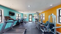 This fitness center is a thoughtfully designed single-level space outfitted to support a comprehensive workout experience. The room is immediately distinguished by its bold color scheme — vivid teal walls on two sides contrast with a striking orange accent wall, creating an energetic and motivating atmosphere. Recessed lighting throughout the textured ceiling, combined with an abundance of natural light streaming in from multiple white-framed windows, keeps the space bright and welcoming.

The flooring consists of durable dark rubber tiles, providing cushioning and traction suitable for a wide range of exercise activities. The cardio zone features several Cybex treadmills arranged in a row alongside elliptical trainers and a stationary bike, all positioned near windows that offer views of lush outdoor greenery. A wall-mounted television is also present for entertainment during workouts.

The strength training area is well-appointed with Hoist cable machines, a leg press, a weight bench, and additional resistance equipment, all clustered along the orange accent wall. A large mirror spans one wall, visually expanding the space and allowing users to monitor their form. A glass-paned door opens directly to an outdoor area, providing easy access to the surrounding grounds and enhancing ventilation and connectivity to the exterior environment.