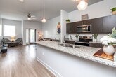 Located at 201 SE Sixth St in the heart of Des Moines, Iowa, this well-appointed one-bedroom, two-bathroom residence offers a thoughtfully designed open-concept layout with modern finishes throughout. The combined kitchen and living area forms the centerpiece of the home, anchored by a large granite-topped island with a stainless steel sink and pendant lighting above. The kitchen is equipped with stainless steel appliances, including a range, microwave, and refrigerator, complemented by rich dark wood cabinetry and a classic white subway tile backsplash. Light wood-style flooring extends throughout the main living areas, enhancing the bright, airy ambiance created by the soaring ceilings and access to natural light. The living room provides a comfortable, open setting with a ceiling fan and a door leading to an outdoor area. The spacious primary bedroom features plush carpet, a ceiling fan, a window with natural light, and direct access to a dedicated closet. Two full bathrooms serve the residence — one featuring a tub-shower combination and granite vanity, the other conveniently positioned near the kitchen with matching cabinetry and countertops. The clean, contemporary design and efficient use of space make this residence a functional and attractive home in a prime urban location.
