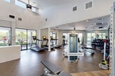 Located at 10235 Boca Entrada Blvd in Boca Raton, FL, this well-equipped fitness center offers a comprehensive, single-floor facility designed to support a wide range of workout styles. The space is defined by soaring vaulted ceilings, large black-framed windows, and an open, airy layout that allows abundant natural light to flood throughout, creating an energizing atmosphere for exercise.

The facility is thoughtfully organized into distinct zones. The cardio area features a row of modern treadmills and elliptical machines, each equipped with individual screens. Overhead ceiling fans maintain airflow and comfort throughout. The strength training section is outfitted with cable machines, adjustable benches, and a comprehensive rack of dumbbells, all set against floor-to-ceiling mirrors that enhance the sense of space. Durable rubber flooring throughout the main workout areas provides both safety and functionality.

A dedicated studio zone transitions to warm hardwood-style flooring and features full-wall mirrors, a mounted flat-screen TV, ballet barre, plyo boxes, stability balls, and an assortment of group fitness accessories — ideal for yoga, barre, or functional training classes. Open shelving provides convenient storage for equipment and personal belongings. Large windows throughout frame lush Florida greenery, seamlessly connecting the interior to the surrounding outdoor environment.
