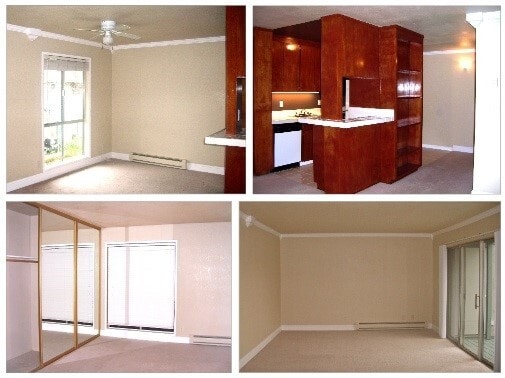View of rooms: dining room, partial kitchen, living room, and first bedroom. - 1036 Oak Grove Rd Apartment