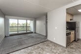 This single-floor unit offers a practical and functional layout across several well-defined spaces. The living area is generously proportioned, featuring plush carpeting, a ceiling fan, and a textured ceiling. A full-width sliding glass door fills the room with natural light and opens directly onto a private balcony, which overlooks a landscaped outdoor setting with tree views—particularly striking during autumn foliage season.

The galley-style kitchen is efficiently designed with light wood cabinetry lining both walls, granite-look countertops, and a drop-panel ceiling with integrated lighting. Stainless steel appliances, including a refrigerator and dishwasher, are complemented by a black electric range, and the stone-tile flooring adds a durable, neutral finish throughout the kitchen and entryway areas.

The bedroom is carpeted and includes a ceiling fan, built-in wire shelving for storage, and a window that provides additional natural light. A separate open room with drop-panel ceiling and dual flooring surfaces offers flexible use as a secondary living or recreational space.

The bathroom is clean and well-appointed, featuring a light wood vanity with a white countertop, a mirrored medicine cabinet, a tub-shower combination, and matching stone-tile flooring consistent with the rest of the unit.