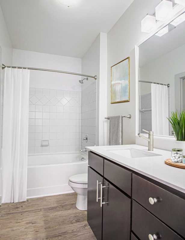 Bathroom upgrades include framed mirrors and updated plumbing fixtures - Gramercy Square at Ayrsley