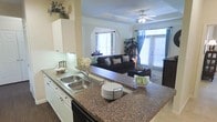 This single-story space offers an open-concept layout that seamlessly blends the kitchen and living area into one cohesive, functional environment. The kitchen is well-appointed with granite countertops, white cabinetry, a double-basin sink, and a breakfast bar that serves as both a workspace and a casual dining surface. Dark hardwood-style flooring grounds the kitchen area and transitions into the living space.

The living room is bright and airy, benefiting from multiple large windows dressed with blue curtains that allow an abundance of natural light to fill the room. A sliding glass door provides additional light and access to the outdoors. The space features an elegant tray ceiling accented with crown molding, adding a sense of architectural sophistication and height to the room. A ceiling fan centered in the tray ceiling ensures comfortable airflow throughout.

The living area is carpeted, offering a warm contrast to the kitchen flooring, and is spacious enough to accommodate a full seating arrangement. An arched pass-through opening between the kitchen and living room adds a charming architectural detail while maintaining the open feel of the layout. Overall, the space combines classic design elements with practical, modern amenities for comfortable everyday living.