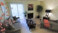 This single-floor living space centers around a well-appointed living room that balances comfort and functionality. The room features a white-trimmed fireplace serving as a natural focal point, flanked by decorative greenery that adds a lively touch to the neutral color palette. Soft, light gray walls and plush carpeting contribute to the room's warm and relaxed ambiance.

A large sliding glass door fitted with vertical blinds floods the space with natural light while providing direct access to an outdoor balcony area. The generous proportions of the living room comfortably accommodate a sectional sofa, accent chair, and a dark wood coffee table, allowing for a practical and inviting seating arrangement.

Decorative elements, including a framed wall print and tall indoor plants, enhance the overall aesthetic without overwhelming the space. A dark wood console along one wall provides additional storage and display options. The combination of natural light, neutral finishes, and thoughtfully placed furnishings gives this living space a cozy yet polished character suitable for everyday living and entertaining alike.
