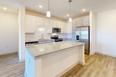 This well-appointed single-floor residence offers a thoughtfully designed open-concept layout that maximizes both functionality and comfort. The kitchen serves as the centerpiece of the living space, showcasing crisp white cabinetry, a classic subway tile backsplash, and a generous granite-topped island with pendant lighting overhead. Stainless steel appliances — including a refrigerator with ice and water dispenser, electric range, over-the-range microwave, and dishwasher — complete the kitchen's modern, practical appeal. Light wood-look flooring flows throughout the main living areas, lending warmth and continuity to the space. The living area is bright and airy, benefiting from a ceiling fan and access to a private balcony that brings in natural light and outdoor views. The primary bathroom features a dual-sink vanity with granite countertops, wood-look flooring, a glass-enclosed shower, and direct access to a walk-in closet with built-in shelving. Additional bedrooms are carpeted for comfort, each offering closet space and ceiling fans. A dedicated laundry area with a full-size washer and dryer adds everyday convenience. Clean white walls and modern finishes throughout give the space a fresh, move-in-ready appeal.
