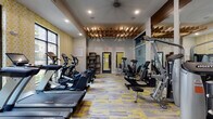 Located at 4206 Simcoe Ln in Louisville, KY, this fitness center is a thoughtfully designed, single-floor workout facility that balances function and aesthetic appeal. The space is anchored by a striking decorative wood-slat ceiling installation that adds warmth and architectural interest to the otherwise contemporary interior. Recessed lighting throughout ensures the room is well-illuminated, complementing the natural light that pours in through large windows along one wall, offering views of the surrounding outdoor greenery and neighboring buildings.

The flooring features a bold, multi-toned carpet with yellow, gray, and brown abstract patterns, adding a vibrant energy to the space. A patterned yellow and white accent wall near the cardio section further enhances the lively atmosphere.

The fitness center is well-stocked with a comprehensive range of equipment. Cardio offerings include a row of treadmills equipped with individual screens, elliptical machines, and recumbent bikes. Strength and resistance training is supported by a selection of cable and weight machines positioned throughout the room. A large mirror along one wall expands the sense of space and assists users during workouts.

Additional features include open wood shelving units for storage and posted fitness center rules, reflecting an organized, community-oriented environment. The facility is accessible via clearly marked exit doors and is designed to serve residents of the broader community effectively.