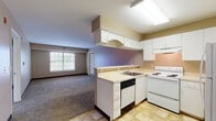 This single-floor unit is designed with a practical, open layout that connects the kitchen and living areas seamlessly. The kitchen is well-equipped with white cabinetry, light-toned countertops, a built-in dishwasher, electric range, refrigerator, and an overhead ventilation hood. Light tile flooring runs throughout the kitchen, while a peninsula counter creates a natural transition into the open living space beyond. The living area is finished with wall-to-wall carpet and neutral-toned walls, providing a clean and versatile backdrop. A sliding glass door leads to a private balcony, allowing natural light to filter into the space and offering outdoor views. A louvered closet door adjacent to the balcony provides convenient storage. The bedroom is generously proportioned, also carpeted, and includes direct access to a bathroom vanity area with white cabinetry. The bathroom features a full tub and shower combination with stainless steel grab bars for accessibility, set against clean white surround walls and tile flooring. Throughout the unit, dark baseboards provide a subtle contrast to the lighter walls and carpet, contributing to a cohesive and understated aesthetic.
