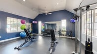 This fitness center is thoughtfully designed to maximize functionality within its footprint. The space is defined by striking vaulted ceilings that create an open, airy atmosphere, complemented by recessed lighting and a ceiling fan that promotes airflow throughout. Bold navy blue accent walls contrast sharply with crisp white upper walls and ceilings, giving the space a dynamic, energetic aesthetic.

Large wall-mounted mirrors expand the visual sense of space while allowing users to monitor their form during workouts. Multiple windows admit natural light, enhancing the bright, motivating environment. The durable dark flooring provides a practical, easy-to-maintain surface suited to heavy equipment use.

The main area is comprehensively equipped with a tiered dumbbell rack, kettlebell rack, adjustable benches, a cable/functional trainer machine, and TRX suspension straps. A separate alcove section houses a rowing machine, a spin bike, and additional TRX equipment, offering dedicated cardio space. Stability balls, medicine balls, and foam rollers are also available.

Wall-mounted televisions are positioned throughout for entertainment during workouts. The layout efficiently separates strength and cardio zones, making this a versatile, well-rounded fitness facility.