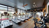 This expansive fitness center is designed to deliver a comprehensive workout experience within a sleek, contemporary setting. The main cardio area is lined with a generous row of treadmills, ellipticals, and stationary bikes, all positioned alongside floor-to-ceiling windows that flood the space with natural light and offer open views of the surrounding urban landscape. Overhead, large ceiling fans complement the recessed lighting, maintaining a comfortable atmosphere throughout. The flooring features a striking multi-tone carpet with bold orange accent strips, adding a dynamic visual energy to the space. A dedicated strength training zone showcases rubber flooring, a full rack of dumbbells, cable machines, and selectorized weight equipment, all set against mirrored walls and an eye-catching decorative laser-cut metal partition. A separate cycling studio provides a focused environment with a row of spin bikes, wood-look flooring, a projector, and glass partition walls that connect it visually to the main floor. Additional rooms accessible via wood-panel doors offer further flexibility for training. Throughout the facility, the dark-painted exposed ceiling structure lends an industrial-modern character, while the abundance of natural light and urban views create an energizing and open ambiance.